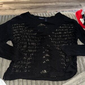 Buckle Black Distressed Open-Knit Crew Sweater
